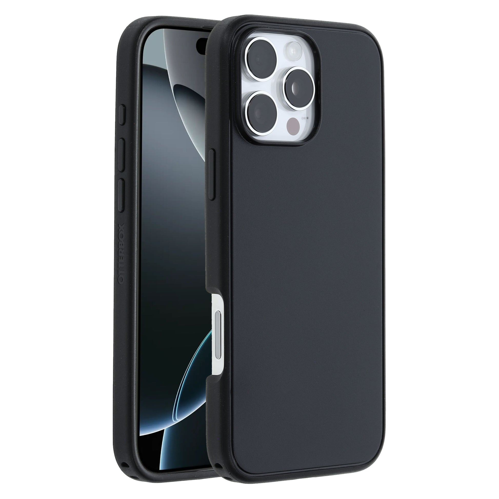 Otterbox Symmetry MagSafe cover til iPhone 16 Pro Max sort, vises for- og bagside med udskæringer til kamera og port.