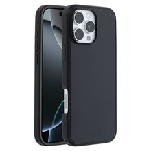 Otterbox Symmetry MagSafe cover til iPhone 16 Pro Max sort, vises for- og bagside med udskæringer til kamera og port.