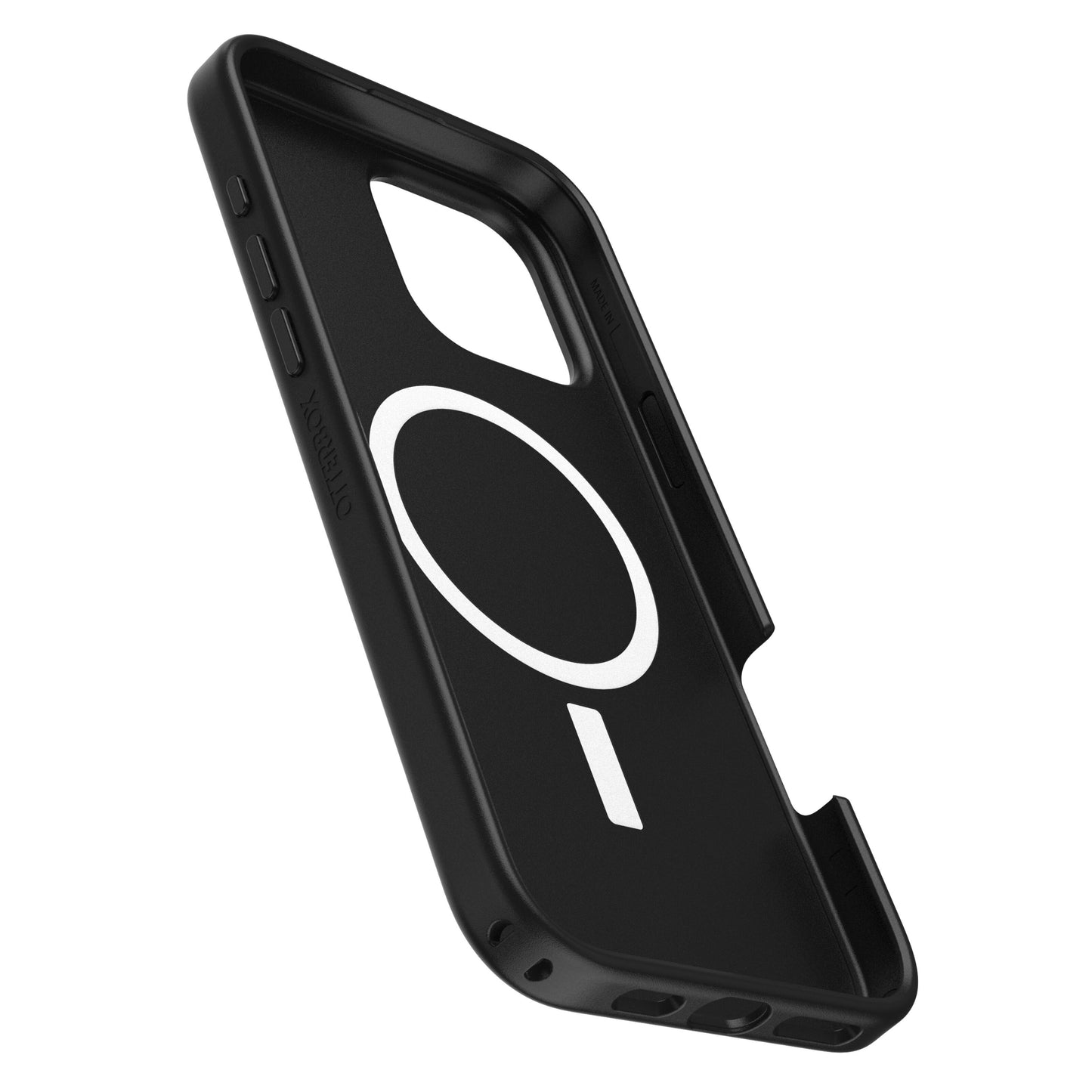 Otterbox Symmetry MagSafe cover til iPhone 16 Pro Max sort med hvid cirkel, rektangel, kamerahul og synlige knapper.