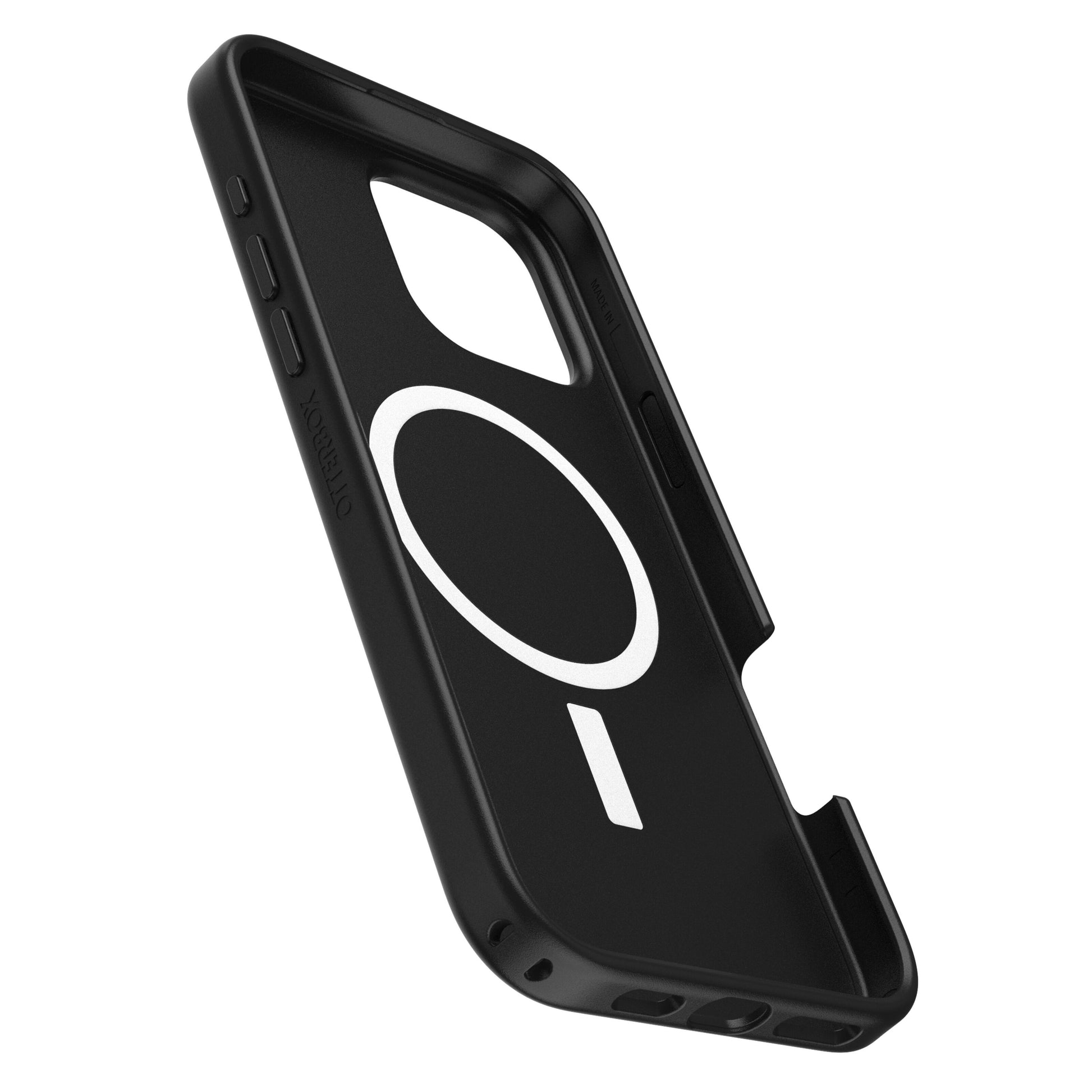 Otterbox Symmetry MagSafe cover til iPhone 16 Pro Max sort med hvid cirkel, rektangel, kamerahul og synlige knapper.