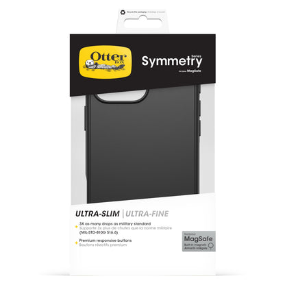 Otterbox Symmetry MagSafe cover til iPhone 16 Pro Max sort med kamerahul, tekst om militærstandard, retail-emballage.