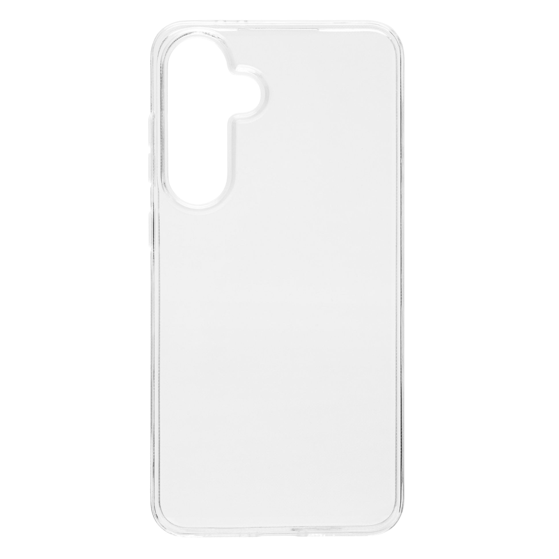 Galaxy S24 FE mobilcover gennemsigtig med afrundede kanter og præcise udsnit til kamera og knapper.