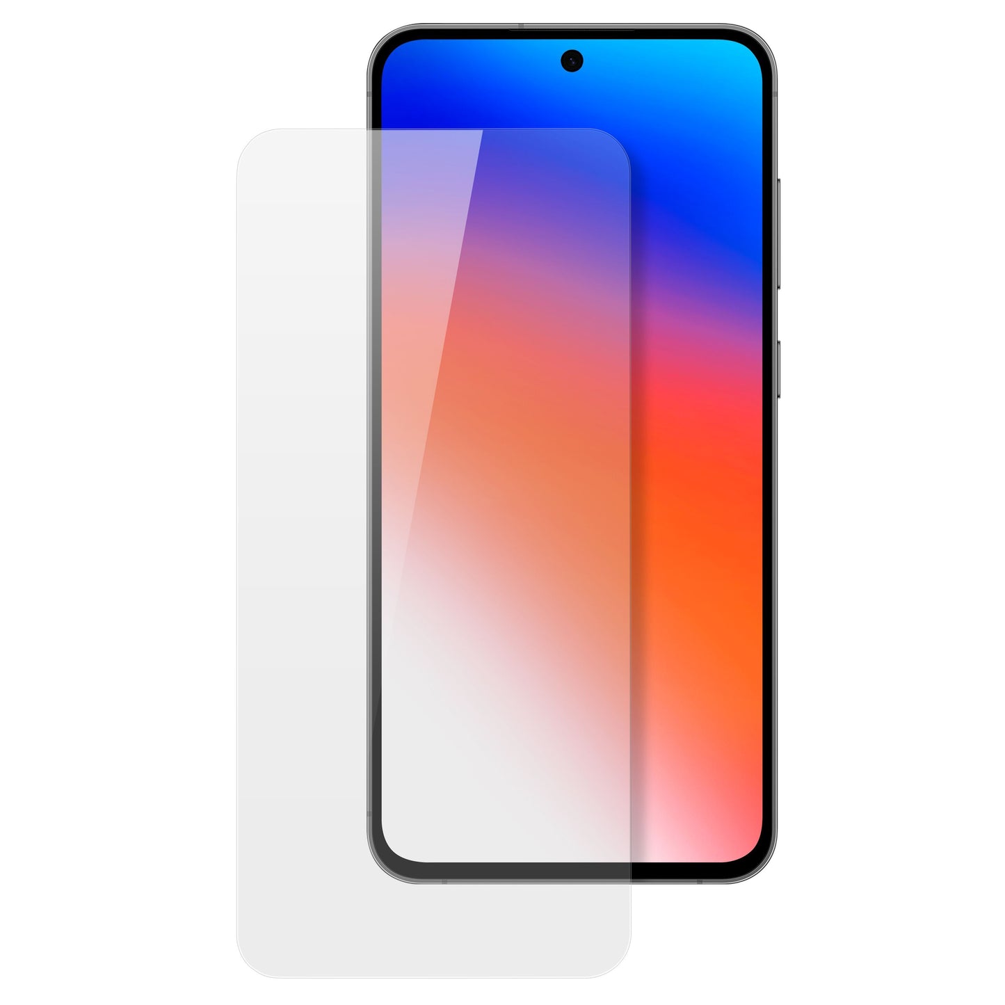 Skærmbeskyttelse til Samsung S24 FE/A36/A56 foran mobil med blå, lilla og orange gradient-skærm.