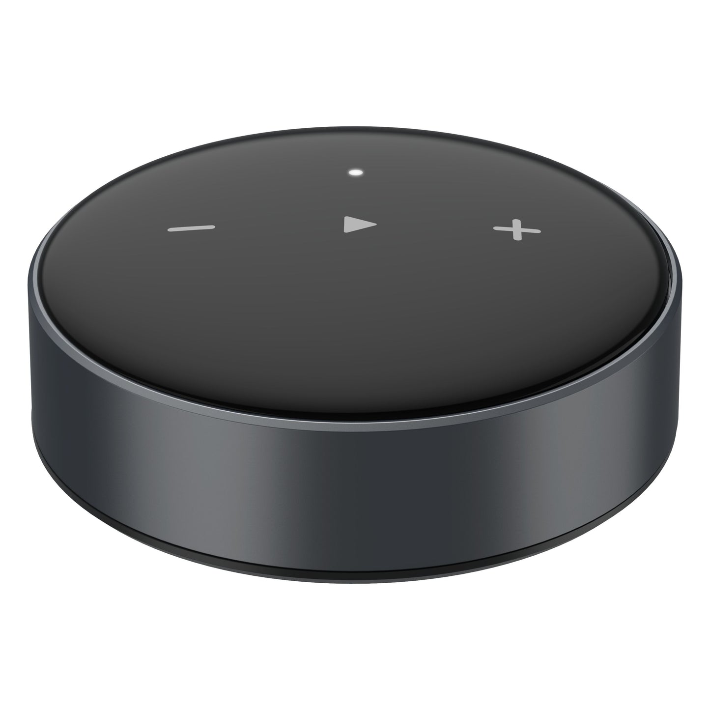 Wiim Mini lydstreamer rund mørkegrå Bluetooth højttaler, Hi-Res Audio, sort touch top til lydstyrke/afspilning, LED-indikator.