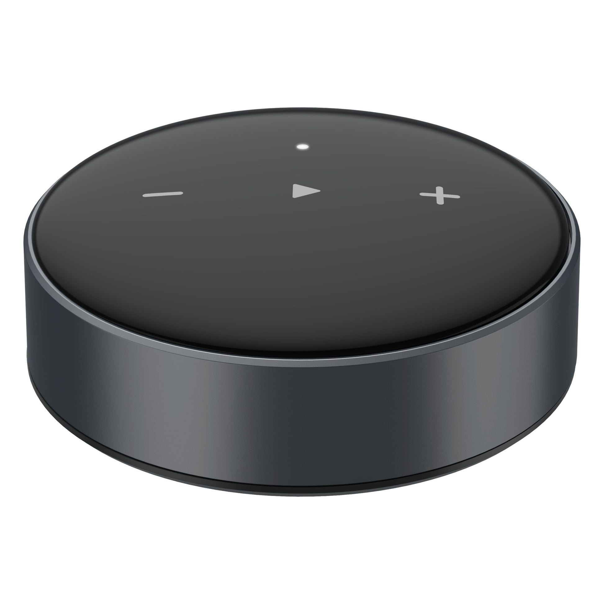 Wiim Mini lydstreamer rund mørkegrå Bluetooth højttaler, Hi-Res Audio, sort touch top til lydstyrke/afspilning, LED-indikator.