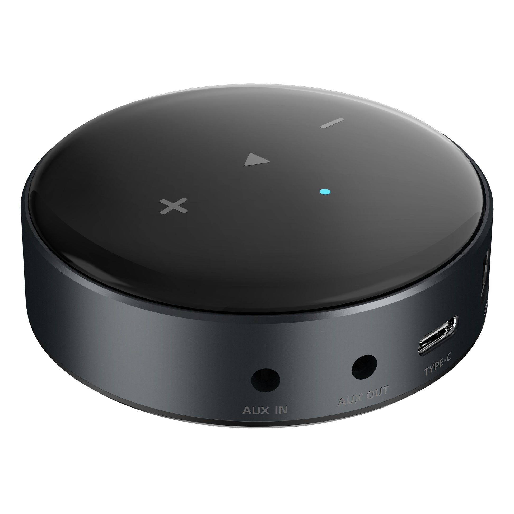 Wiim Mini lydstreamer rund sort med touchknapper på toppen, Hi-Res Audio, AUX IN/OUT og USB-C port på siden.