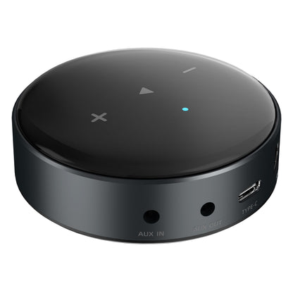 Wiim Mini lydstreamer rund sort med touchknapper på toppen, Hi-Res Audio, AUX IN/OUT og USB-C port på siden.