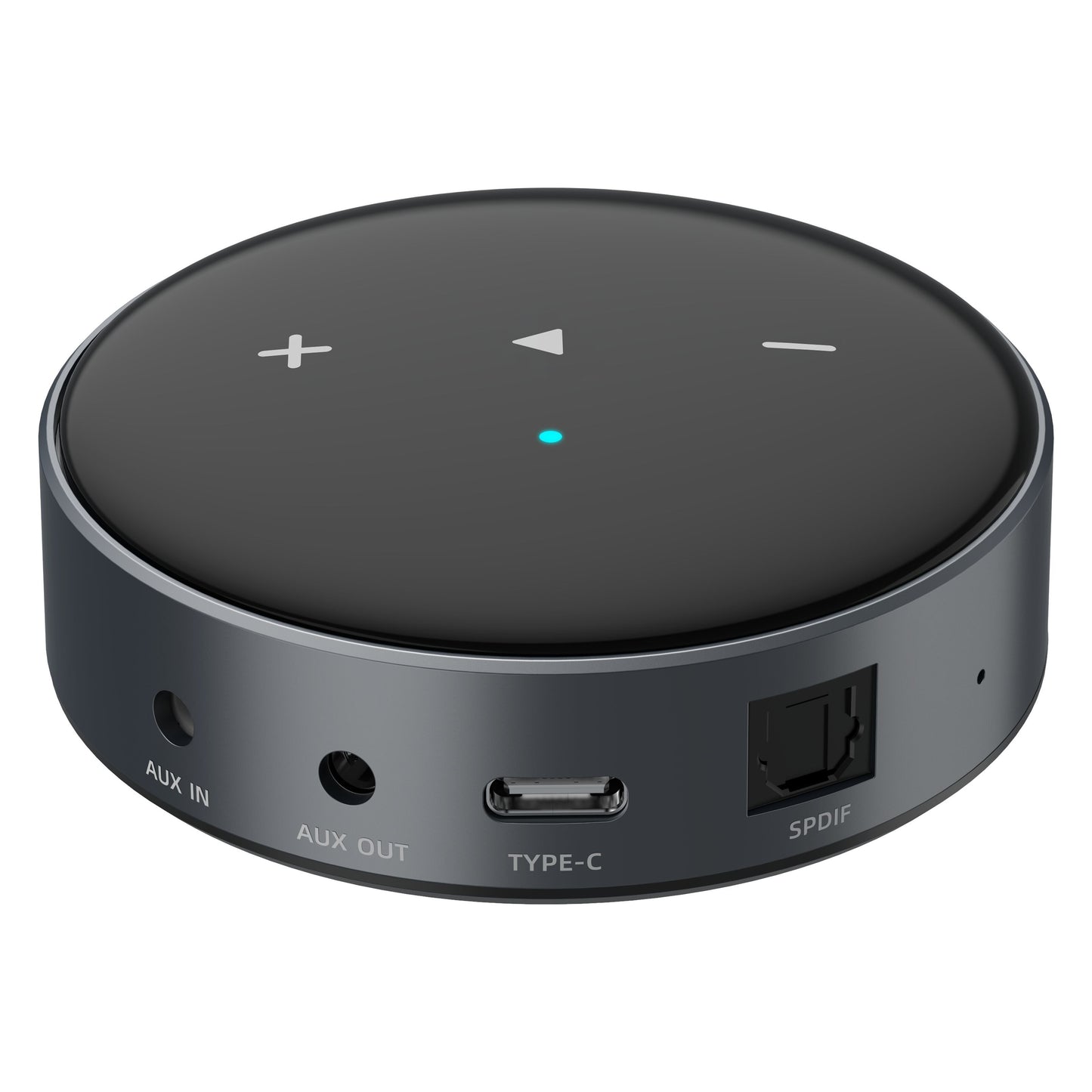 WiiM Mini lydstreamer sort, rund med touchknapper, AUX IN/OUT, USB-C, SPDIF, blå LED og Hi-Res Audio understøttelse.