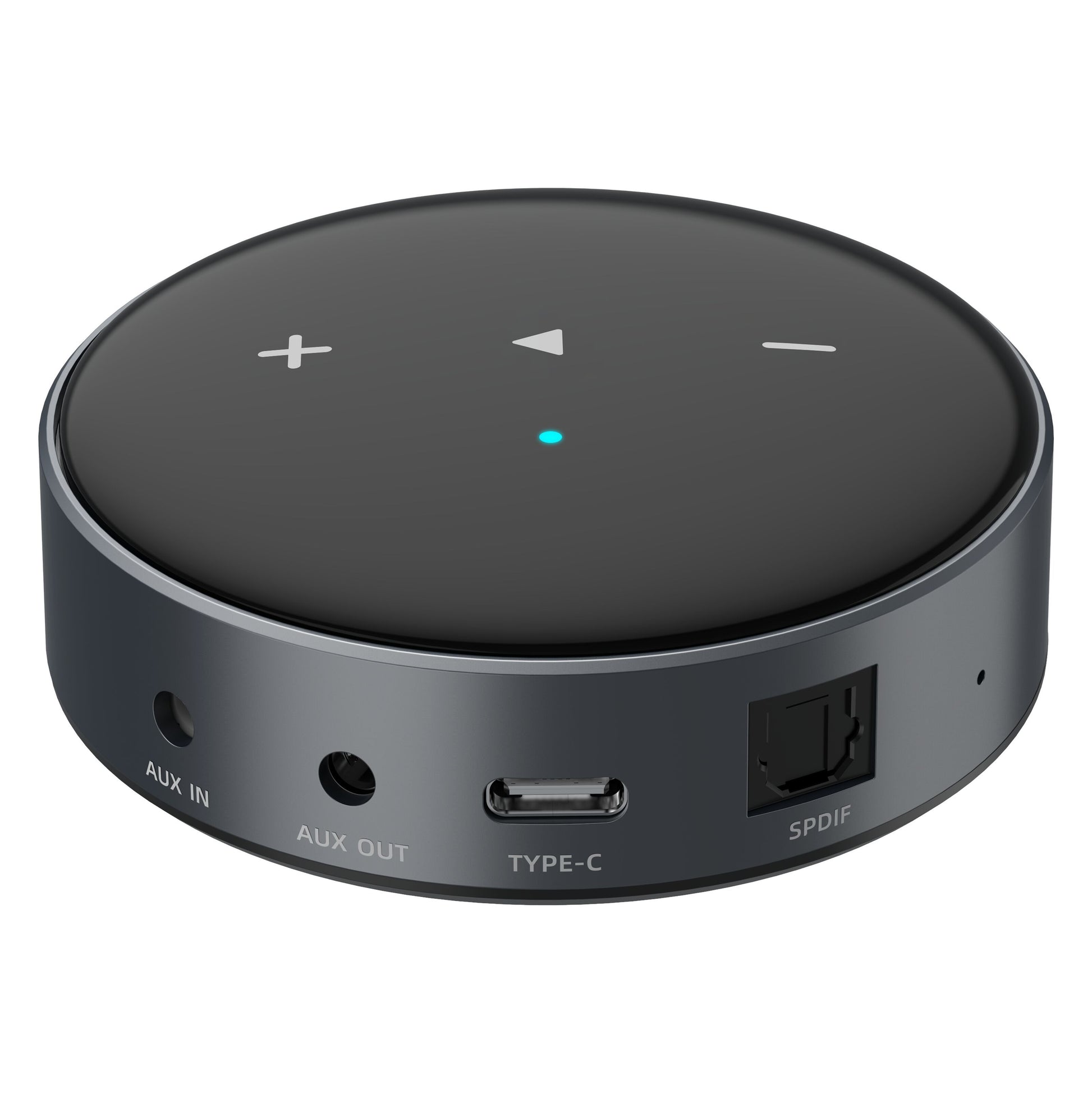 WiiM Mini lydstreamer sort, rund med touchknapper, AUX IN/OUT, USB-C, SPDIF, blå LED og Hi-Res Audio understøttelse.