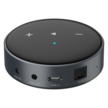 WiiM Mini lydstreamer sort, rund med touchknapper, AUX IN/OUT, USB-C, SPDIF, blå LED og Hi-Res Audio understøttelse.
