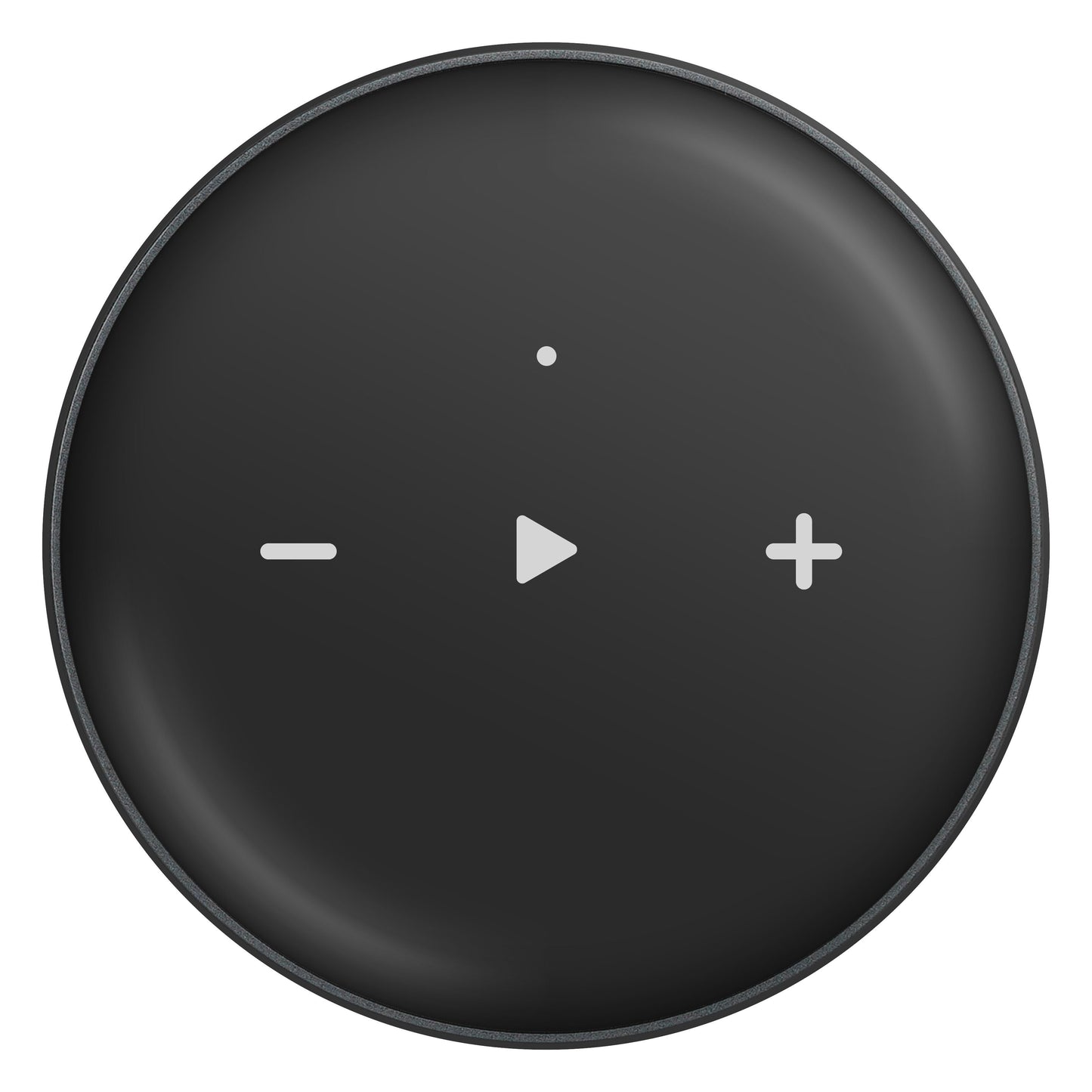 WiiM Mini lydstreamer sorterer rundt med hvide ikoner for minus, play og plus velegnet til trådløs Hi-Res Audio streaming.