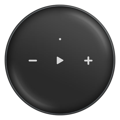 WiiM Mini lydstreamer sorterer rundt med hvide ikoner for minus, play og plus velegnet til trådløs Hi-Res Audio streaming.
