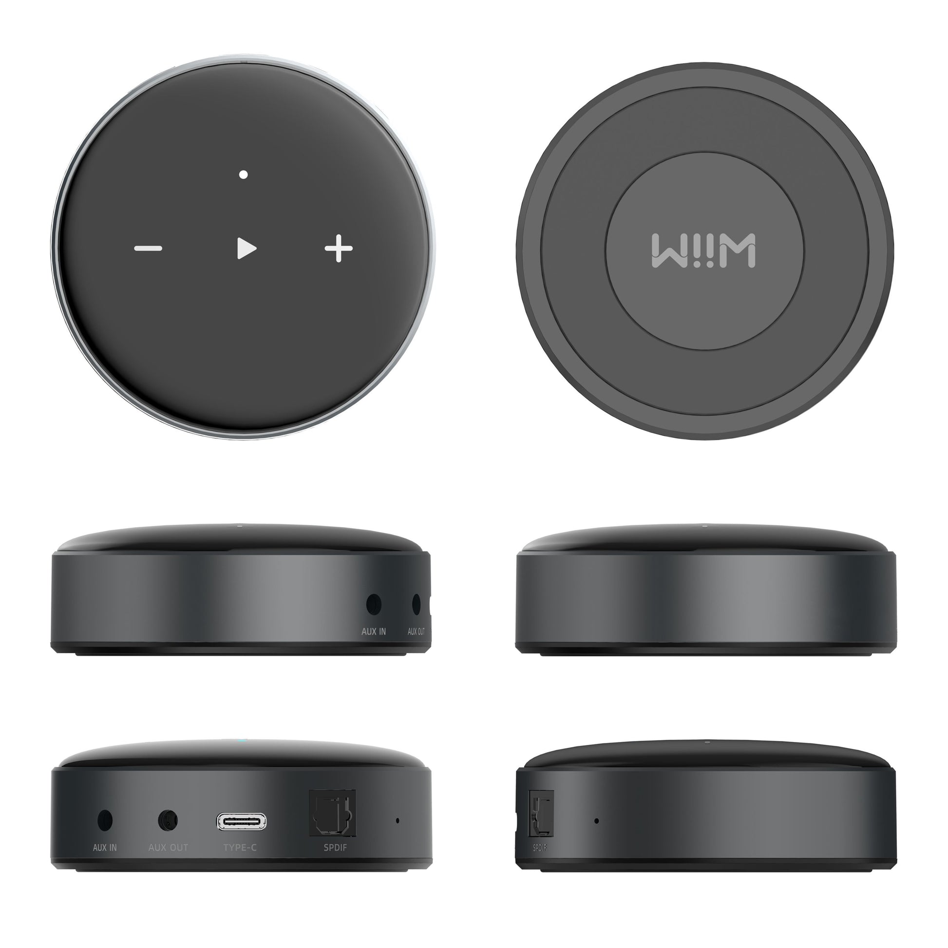 WiiM Mini lydstreamer sort, rund med touch-knapper, vist fra flere vinkler med AUX, USB-C, SPDIF og ethernet porte.