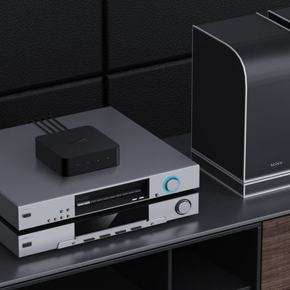 Sony hi-res audio setup med to sorte Sony enheder, WiiM For lydstreamer DAC ovenpå, stor sort Sony højttaler ved siden af.