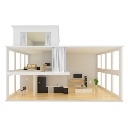 WiiM For lydstreamer high-res audio, synlig i 3D-model af hus med tv, sofa, køkken med sort køleskab, soveværelse.