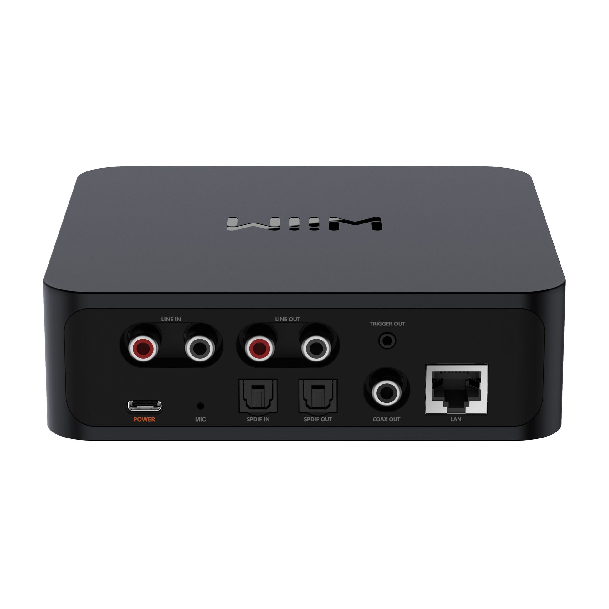 Wiim For lydstreamer bagpanel med RCA Line In/Out, SPDIF In/Out, Trigger Out, Coax Out, LAN, USB-C strøm og mikrofonindgange.