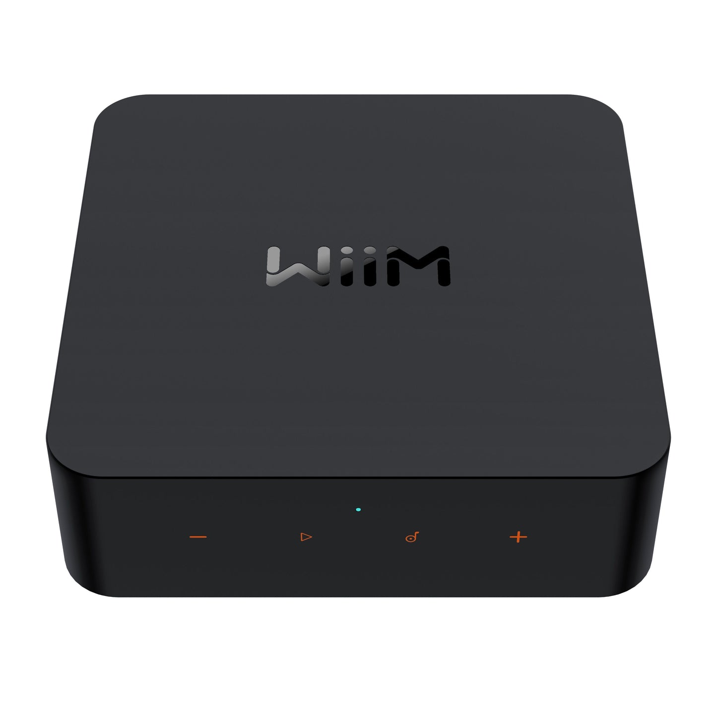 Wiim For sort hi-res lydstreamer med afrundede kanter, oplyste touchknapper foran til strøm, play/pause, input og volumen.