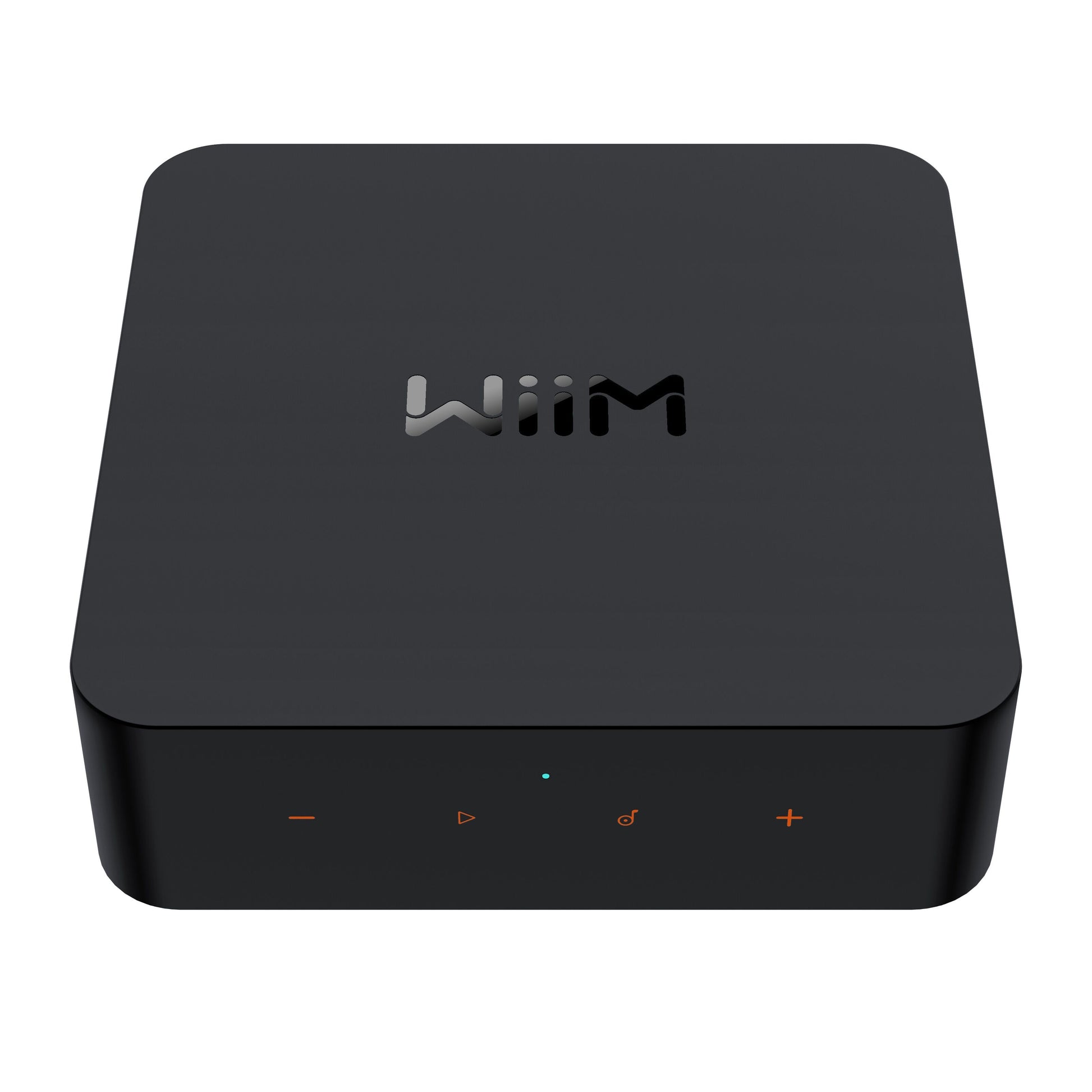 Wiim For sort hi-res lydstreamer med afrundede kanter, oplyste touchknapper foran til strøm, play/pause, input og volumen.