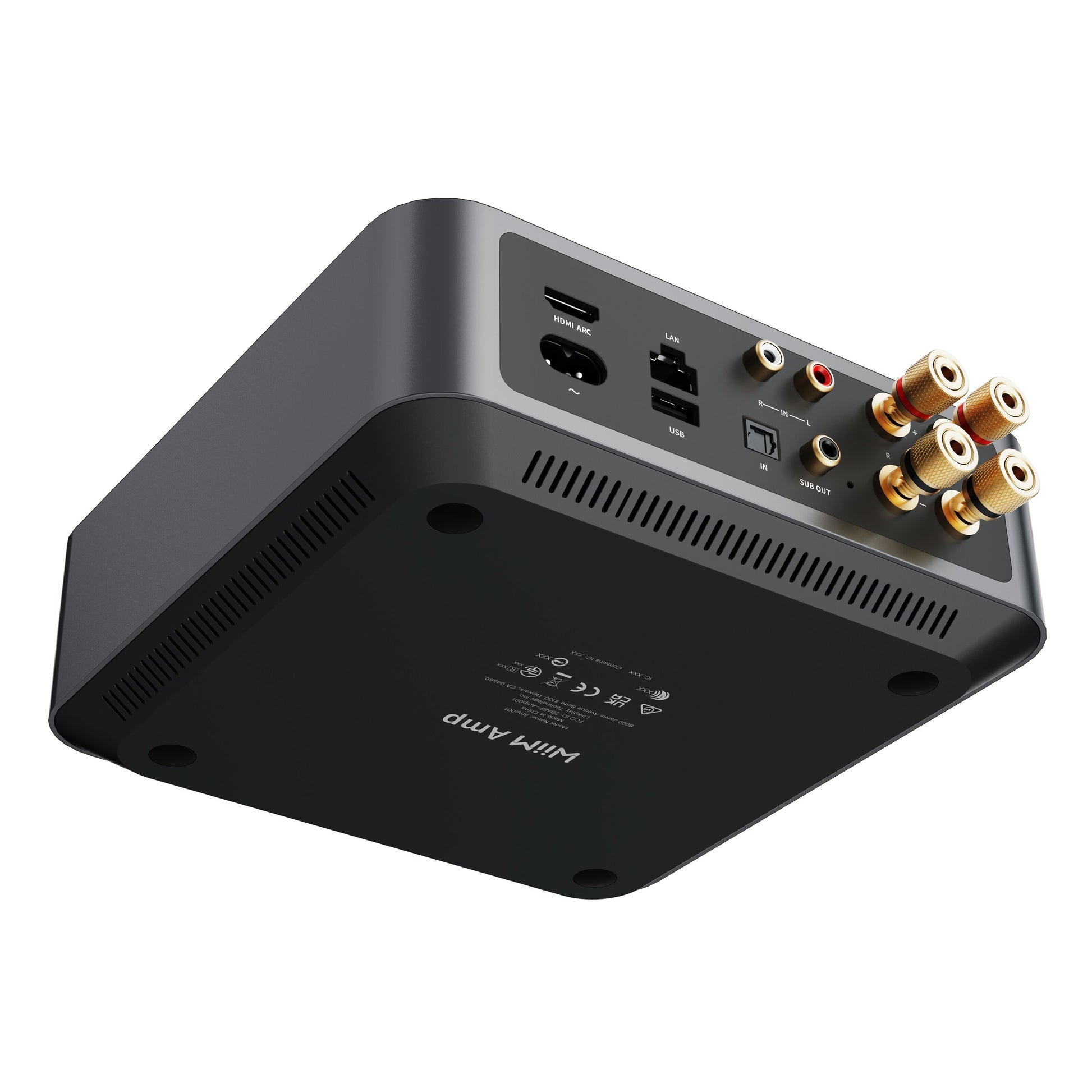 WiiM Amp Stereo forstærker sort, rektangulær, RCA, USB, LAN, optisk og strømporte bagpå set fra undersiden.