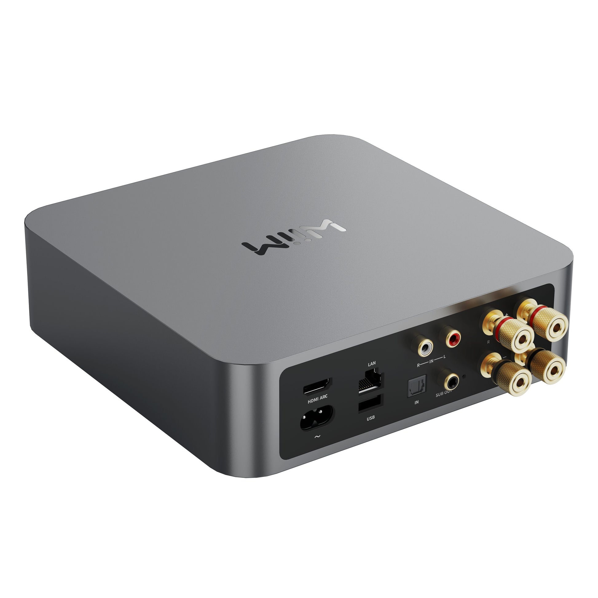WiiM forstærker, grå, Amp Stereo, bagporte: RCA, optisk, koaksial, Ethernet, USB og strømindgang, WiiM-logo på toppen.