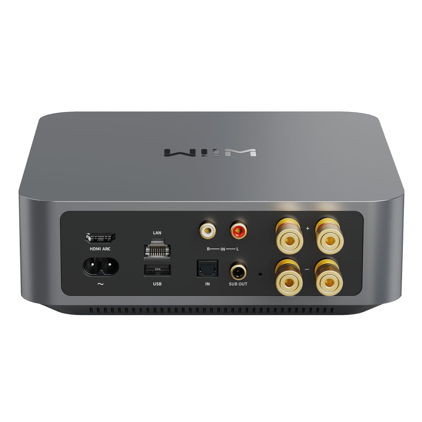 Wiim Forstærker med streaming, sortering, sæt bagfra med HDMI ARC, LAN, USB, optisk indgang og 4 guldbelagte højtalerterminaler.