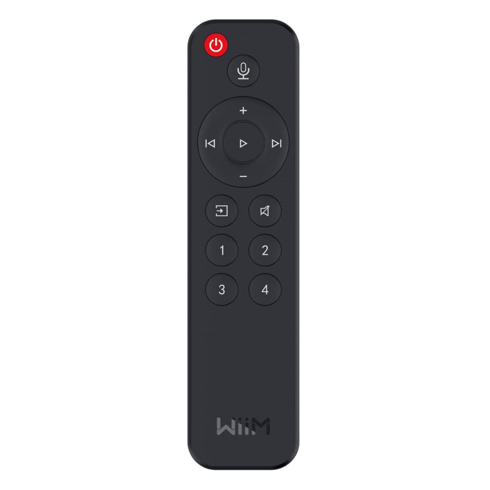 WiiM fjernbetjening til Mini og Pro, sorteret med rød powerknap, mikrofon, navigationspad, play/pause, lydstyrke og numre.