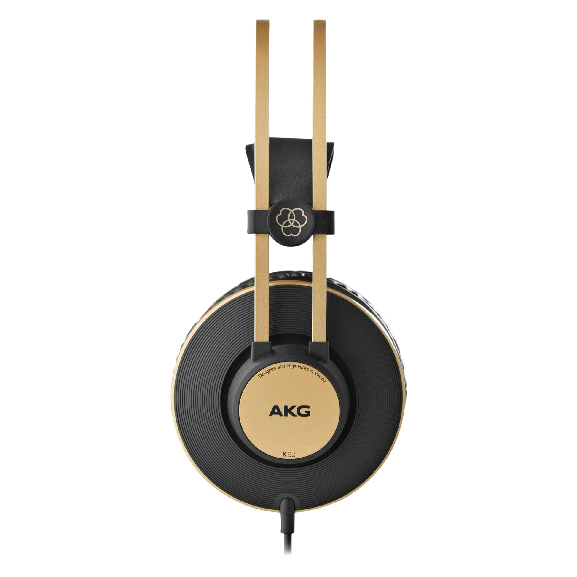 AKG K92 hovedtelefoner sort/guld side, synligt logo og modelnavn på ørekop, ledning tilsluttet.