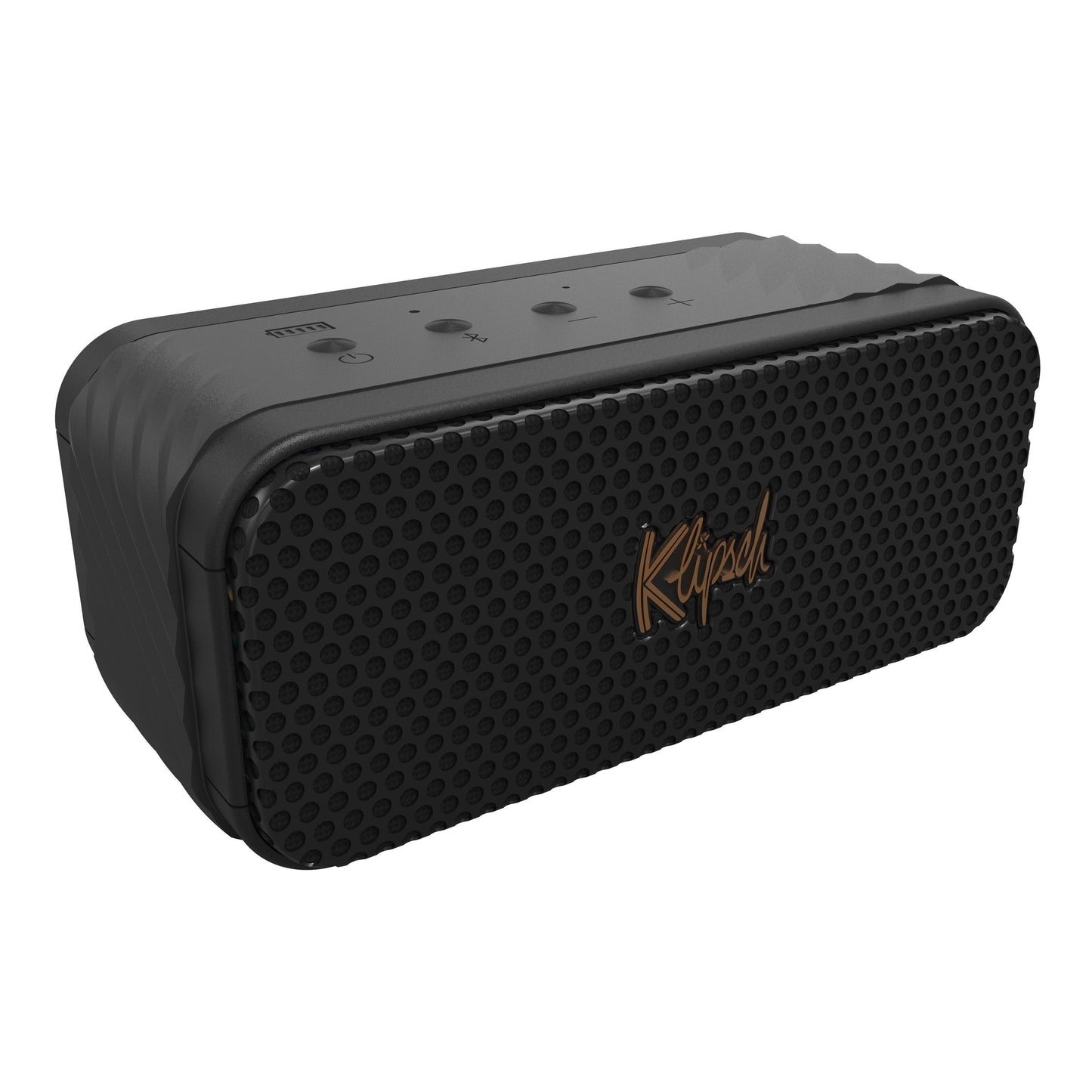 Klipsch Nashville Bluetooth-højttaler sort rektangulær, tekstureret frontgitter, gyldent logo, kontrolknapper på toppen.
