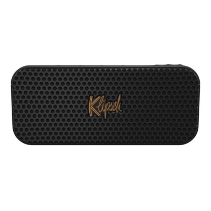 Klipsch Nashville Bluetooth-højttaler sort, rektangulær med perforeret frontgrill, guld Klipsch-logo, 24 timers batteritid.