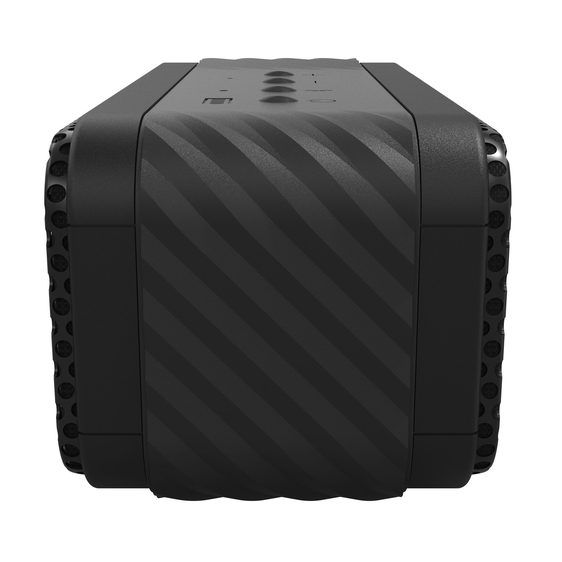 Klipsch Nashville Bluetooth-højttaler sort, rektangulær med gummibelagte sider, topknapper, op til 24 timers batteritid.