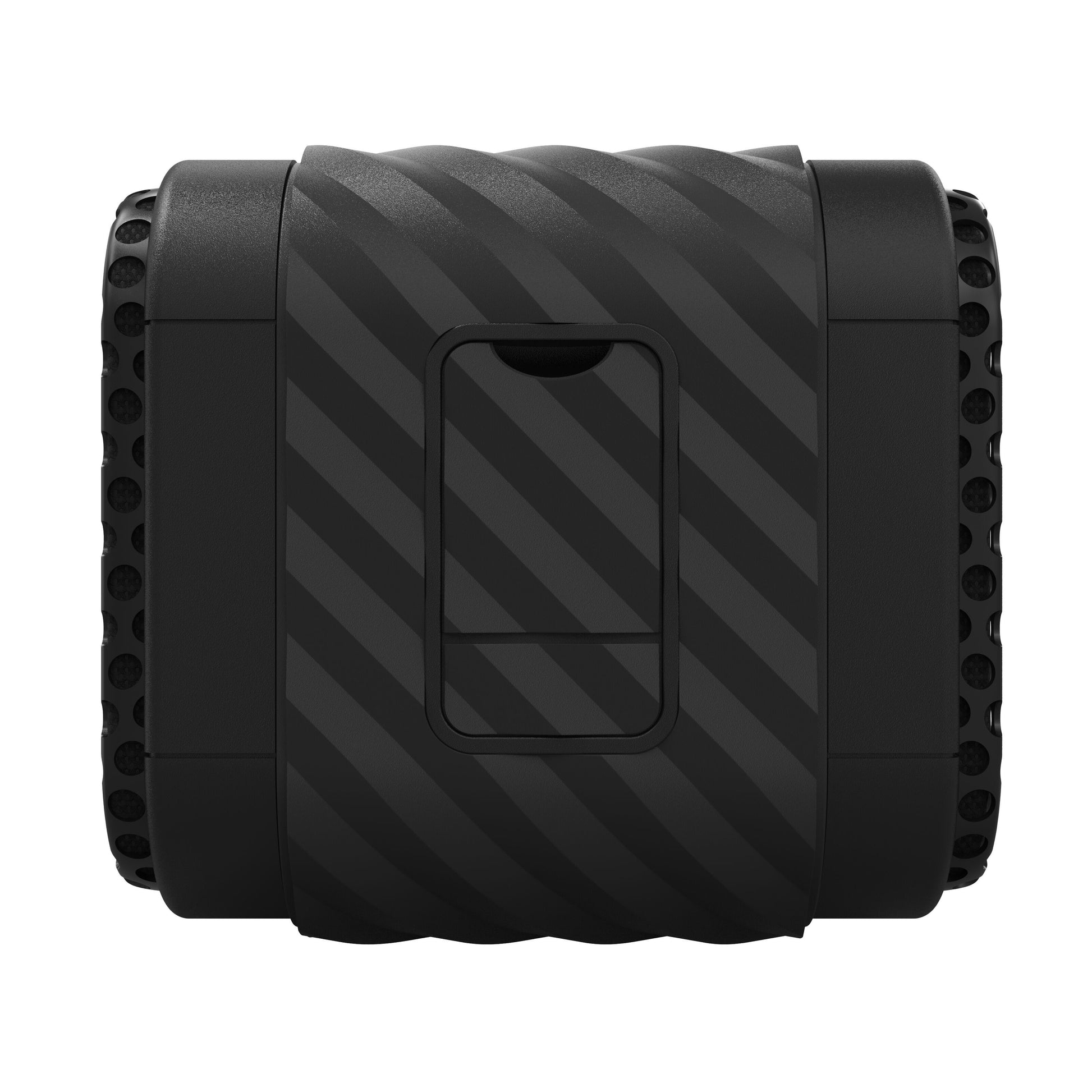 Klipsch Nashville Bluetooth-højttaler, sort cylindrisk design med tekstureret hjul og stribet mønster.