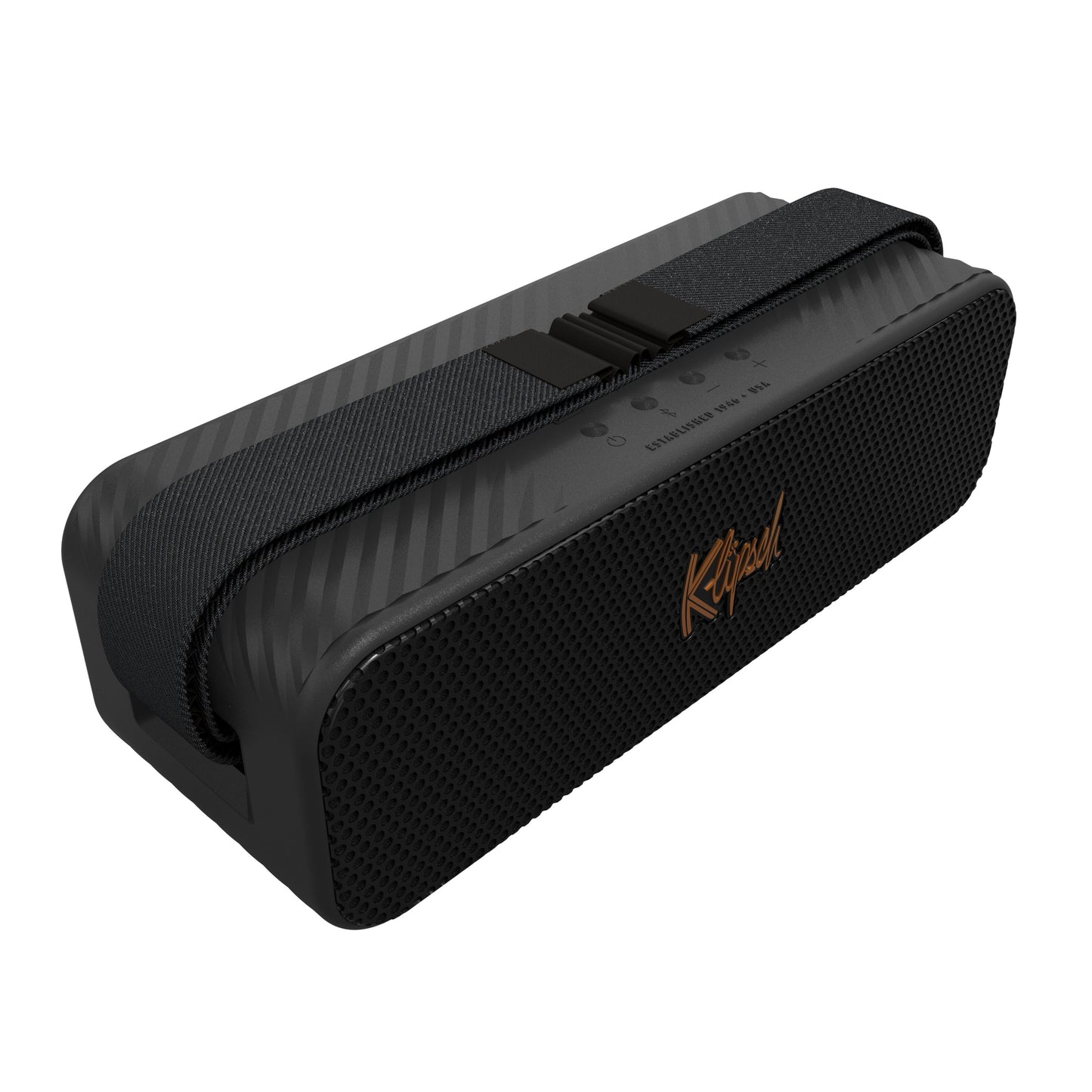 Klipsch Detroit Bluetooth-højttaler sort tekstureret frontgrill orange logo stofrem vandafvisende 20+ timers batteritid.