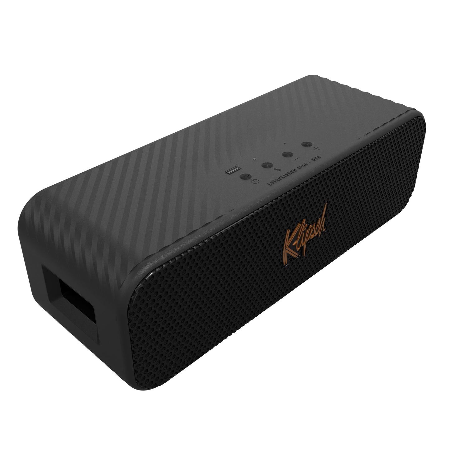 Klipsch Detroit Bluetooth-højttaler sort med tekstureret overflade, bronzefarvet logo og over 20 timers batteritid.