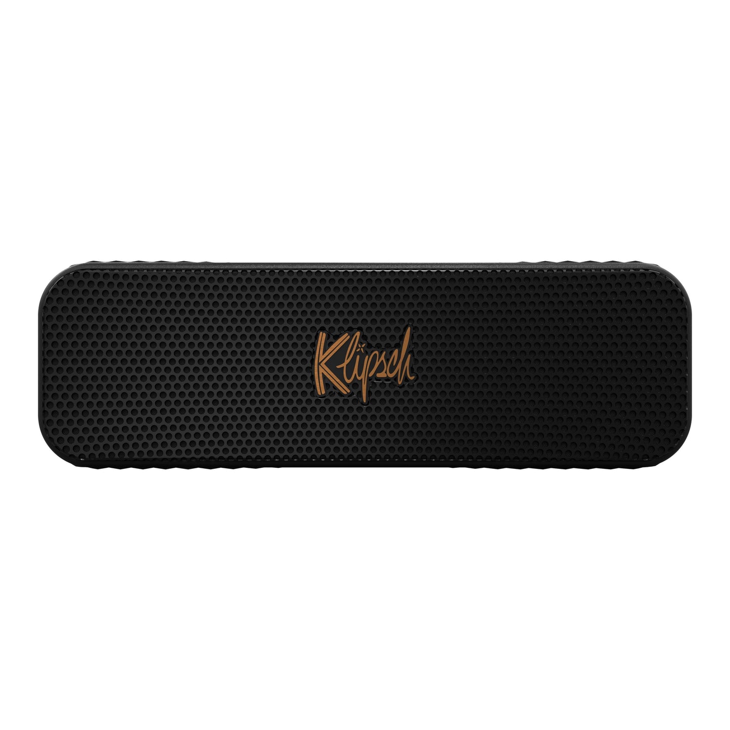 Klipsch Detroit Bluetooth-højttaler, sort rektangulært design, honeycomb-frontgrill, gyldent logo, vandafvisende.