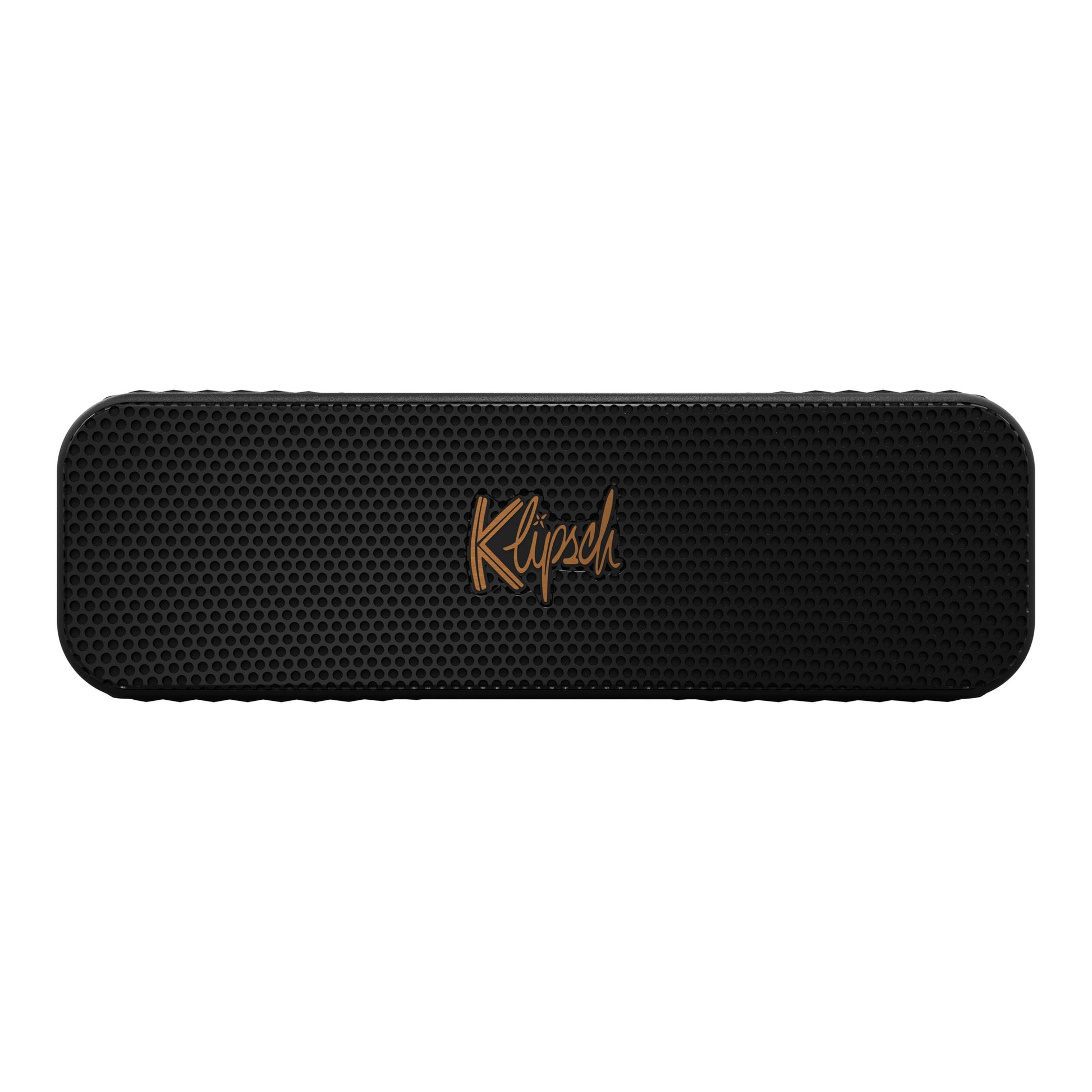 Klipsch Detroit Bluetooth-højttaler, sort rektangulært design, honeycomb-frontgrill, gyldent logo, vandafvisende.