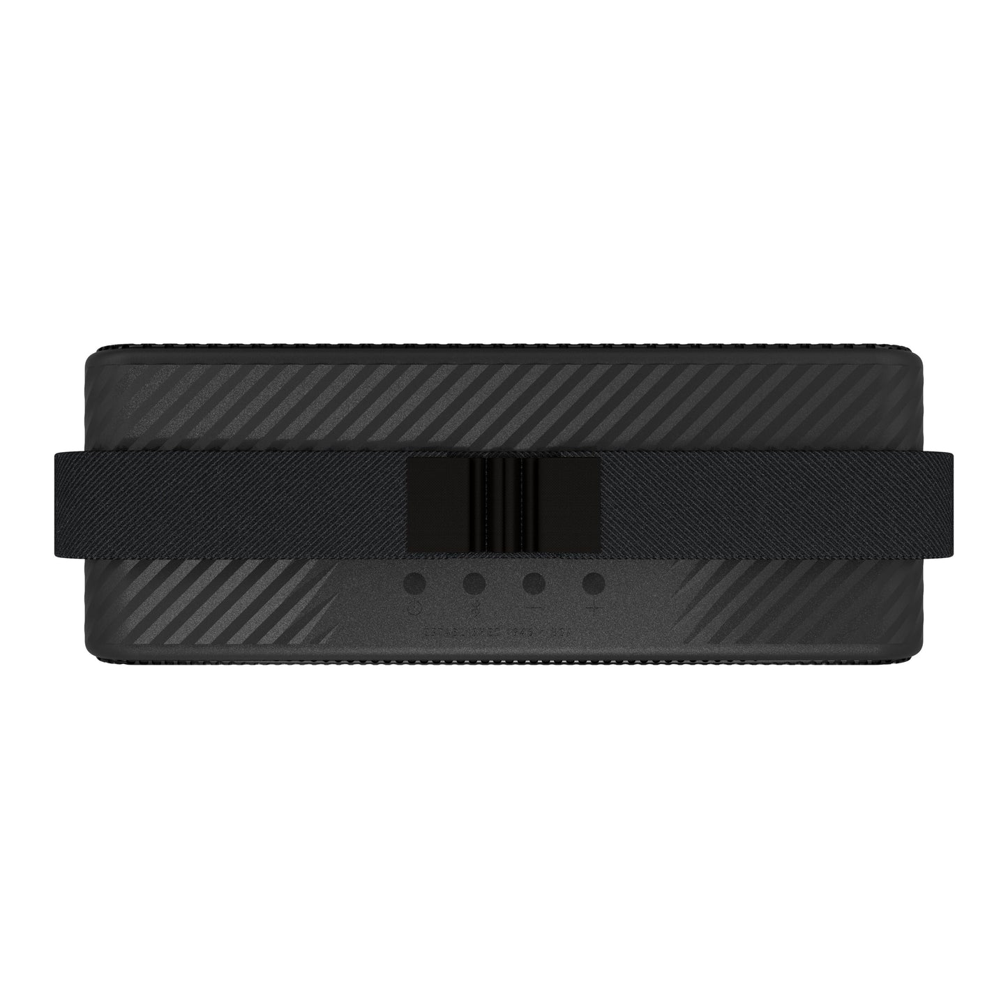 Klipsch Detroit sort Bluetooth-højttaler, rektangulær med stofrem, diagonale linjer og fire runde knapper, vandafvisende.