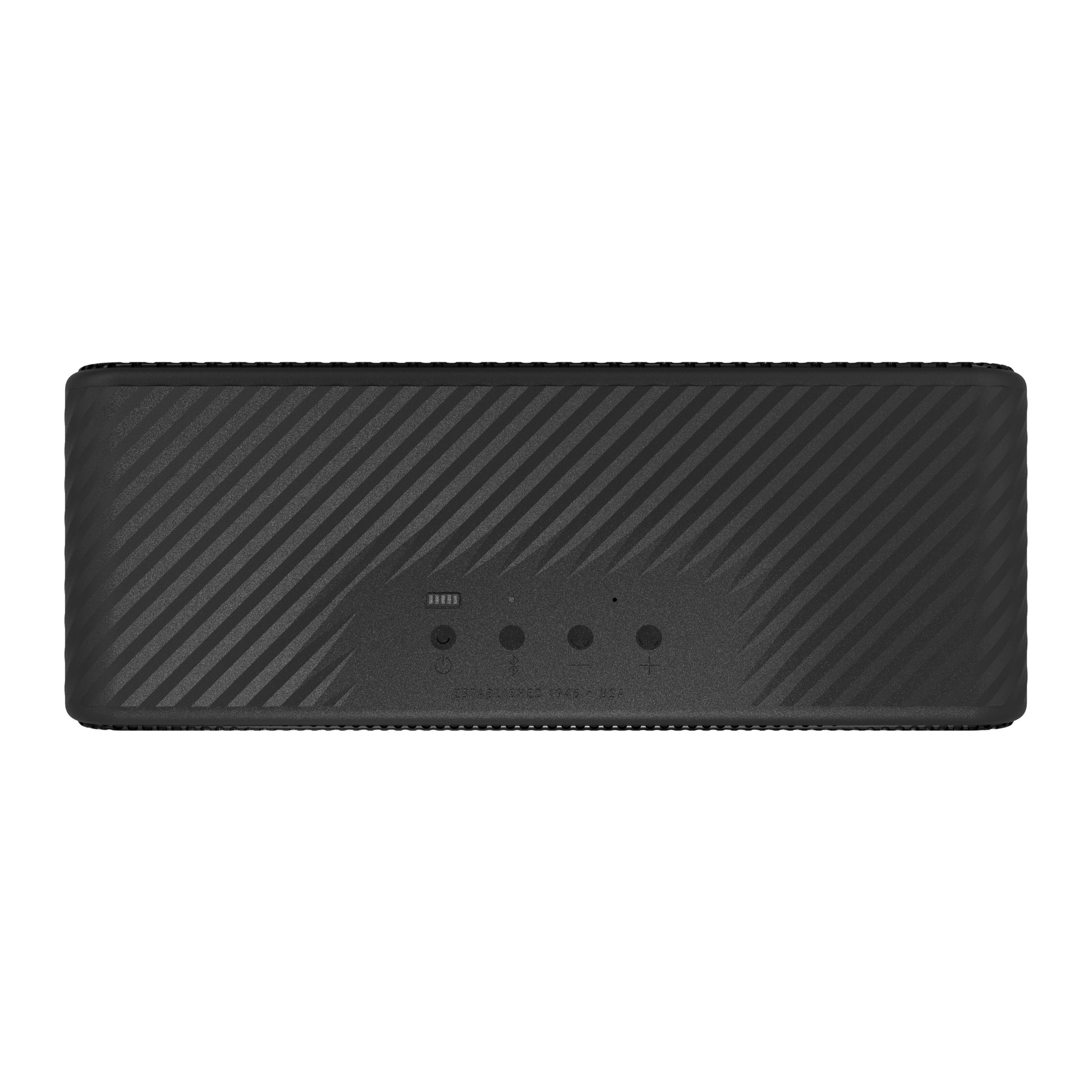 Klipsch Detroit trådløs Bluetooth-højttaler sort, rektangulær med diagonale linjer, fire knapper og kontakt foran.