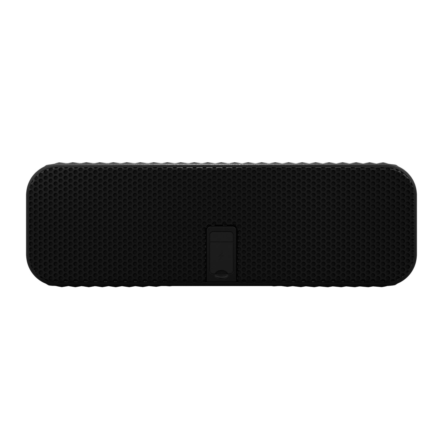 Klipsch Detroit Bluetooth-højttaler sort rektangulær perforeret front centralknap vandafvisende over 20 timers batteritid.