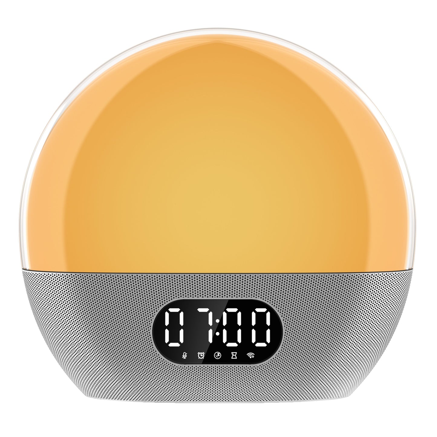 WiiM Vækkeur wake-up light med solopgangssimulering, gul-orange lys, digitalt display 07:00, sølvfod med kontrolikoner.