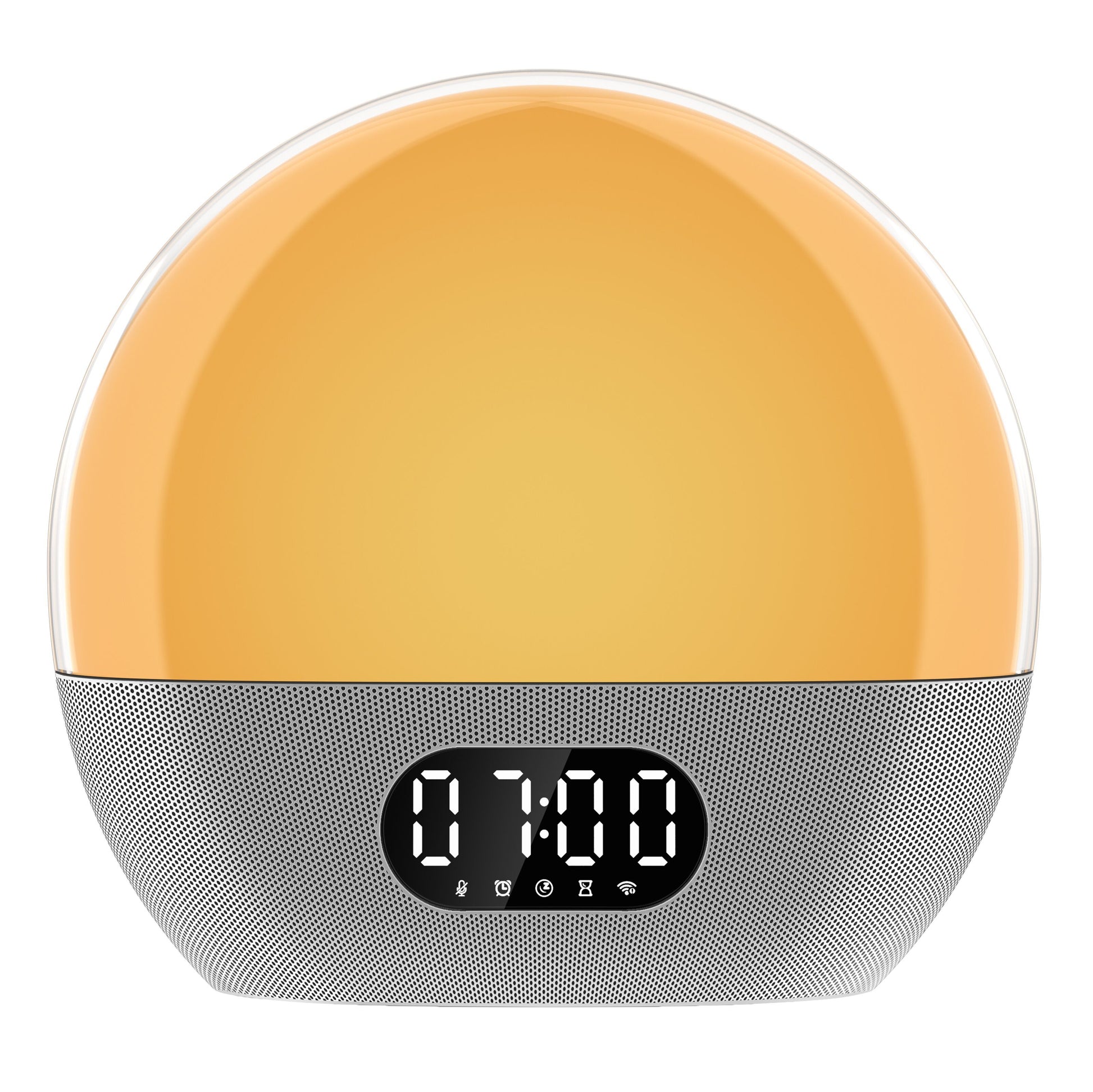 WiiM Vækkeur wake-up light med solopgangssimulering, gul-orange lys, digitalt display 07:00, sølvfod med kontrolikoner.