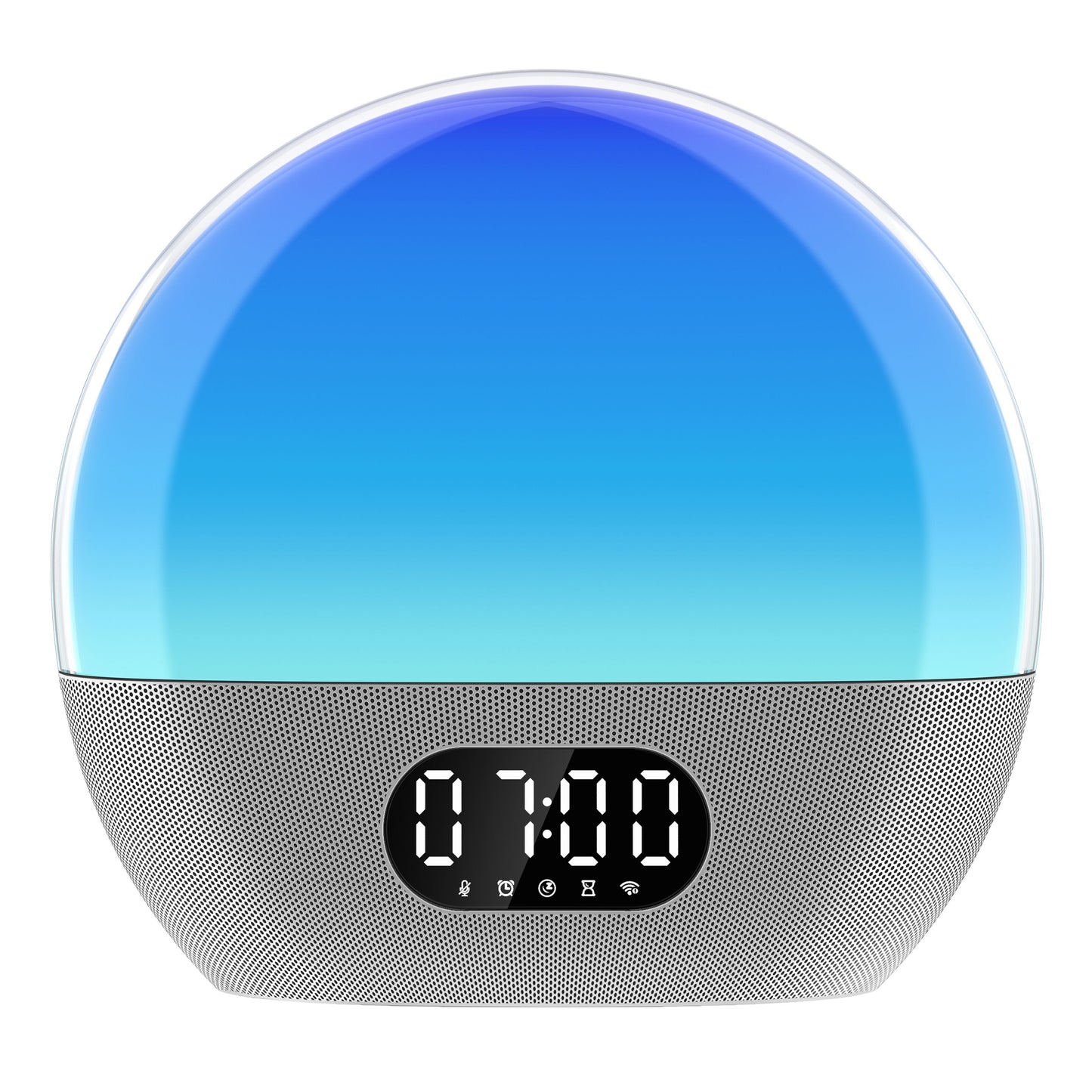 Wiim Vækkeur wake-up light, digital ur med buet blå/hvid top, netstruktur base, LED-display viser 07:00.