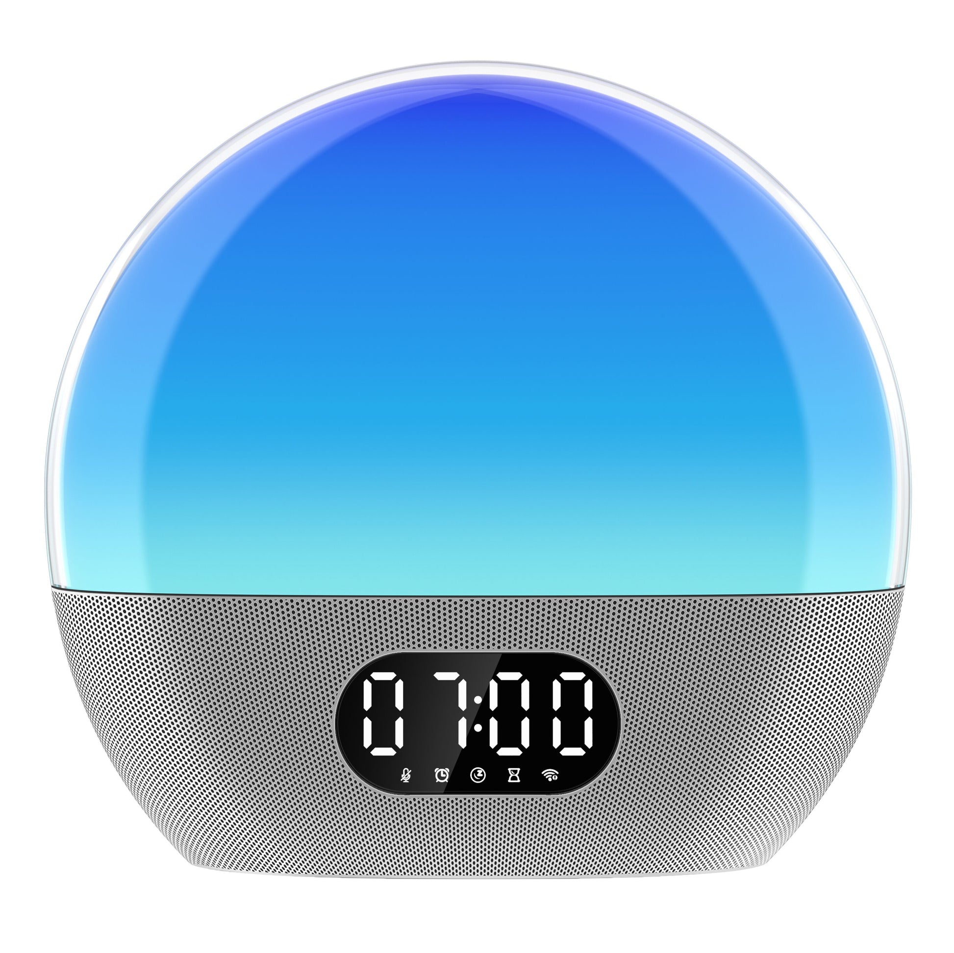 Wiim Vækkeur wake-up light, digital ur med buet blå/hvid top, netstruktur base, LED-display viser 07:00.