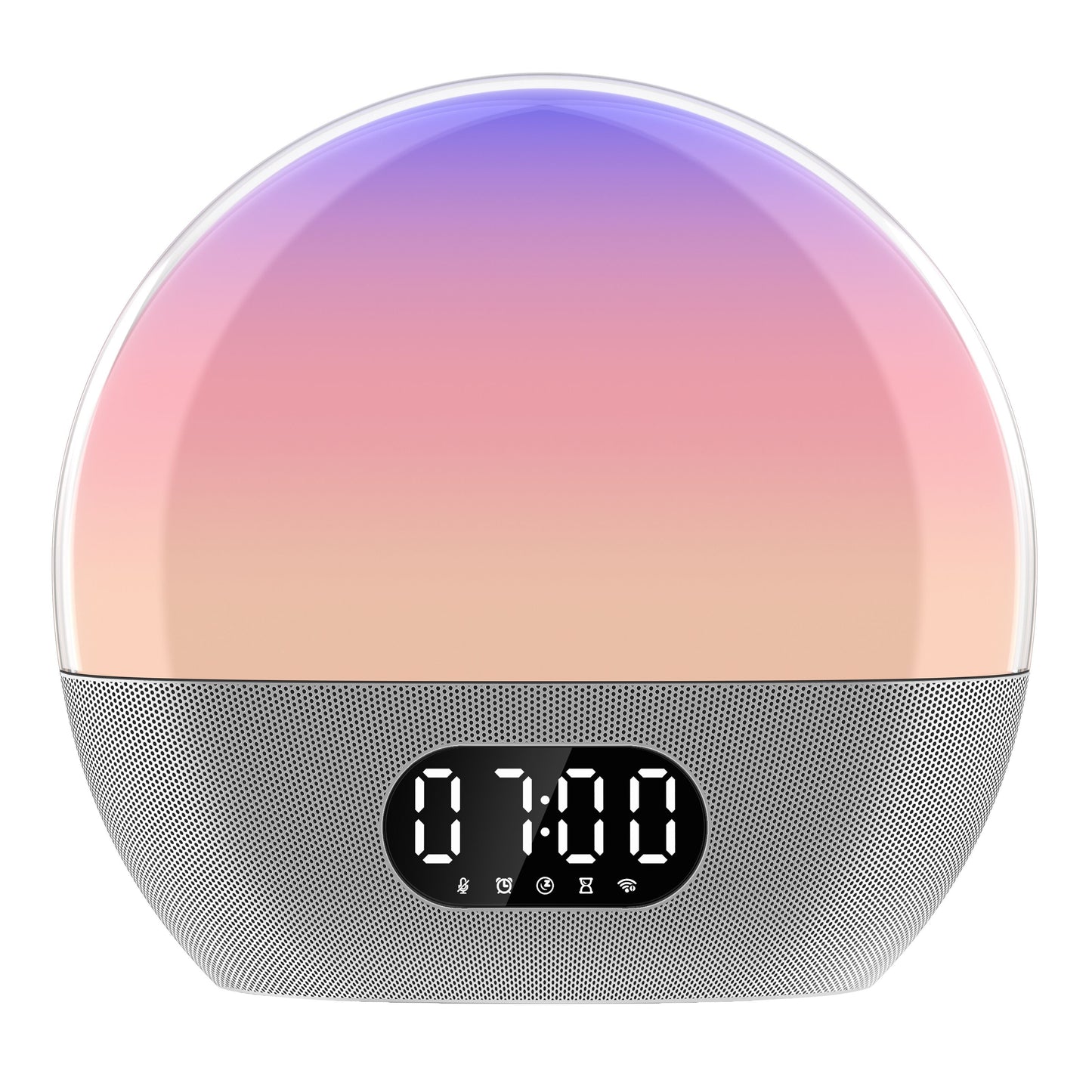 Wiim Vækkeur med wake-up light, rund digital alarm, lys i lilla til fersken gradation, mesh højtaler, 07:00 display, ikoner.