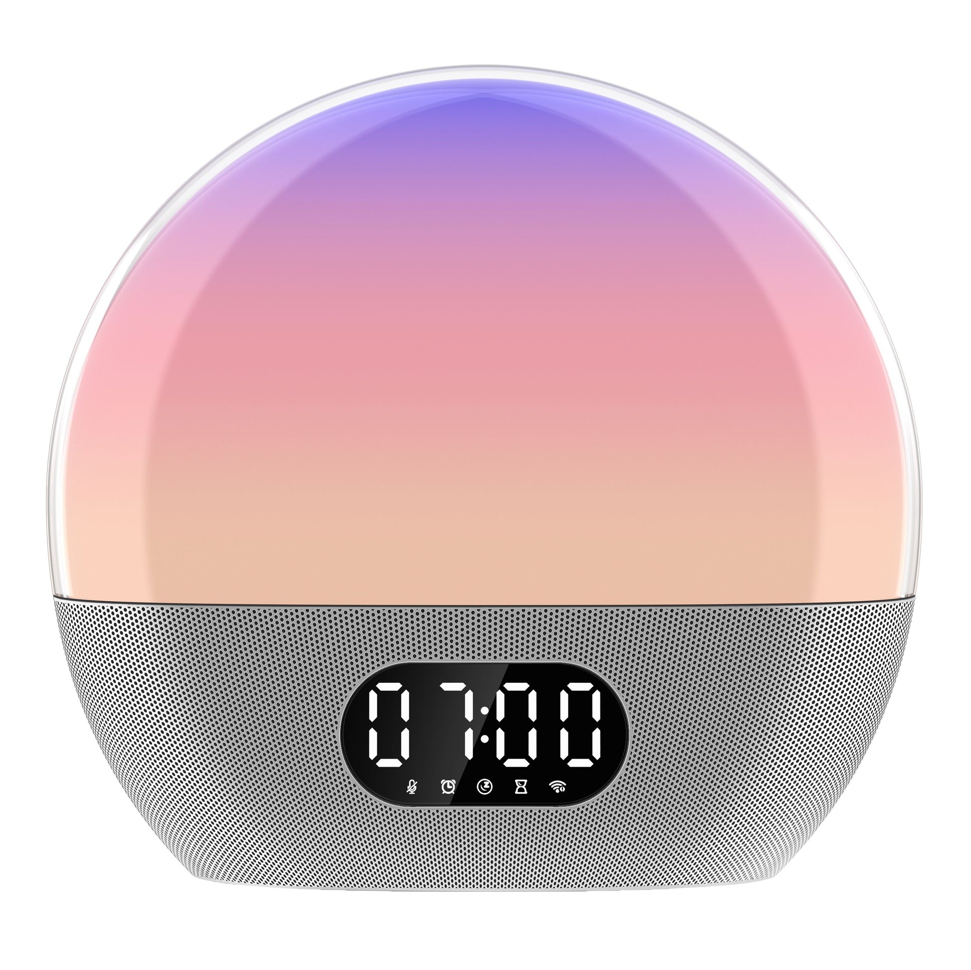 Wiim Vækkeur med wake-up light, rund digital alarm, lys i lilla til fersken gradation, mesh højtaler, 07:00 display, ikoner.