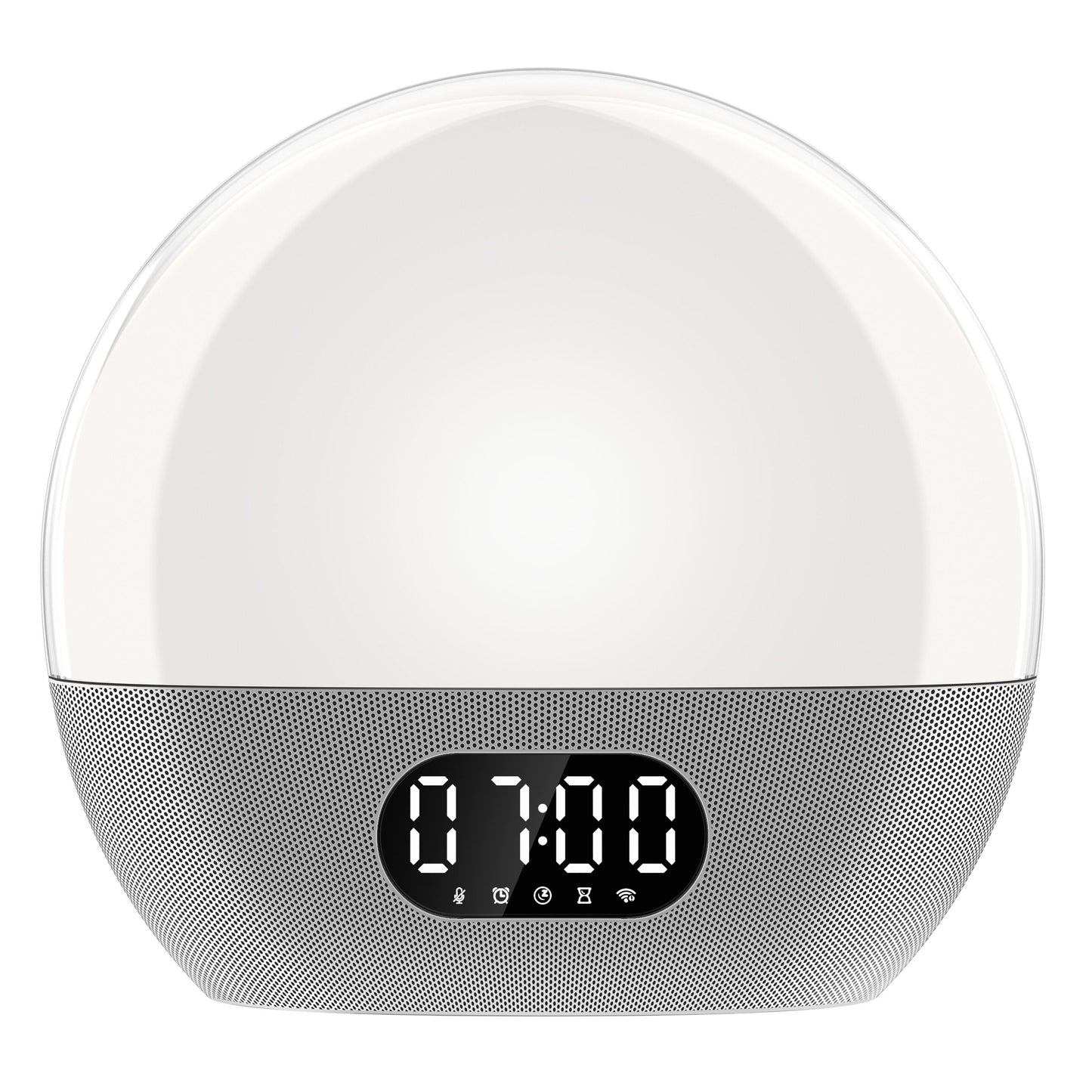 WiiM vækkeur med wake-up light, lysende kuppel, digitalt display 07:00, højtalergrill og ikoner til alarm, søvn og Wi-Fi.