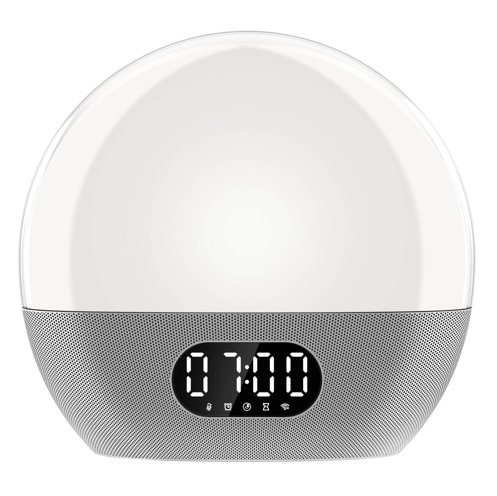WiiM vækkeur med wake-up light, lysende kuppel, digitalt display 07:00, højtalergrill og ikoner til alarm, søvn og Wi-Fi.