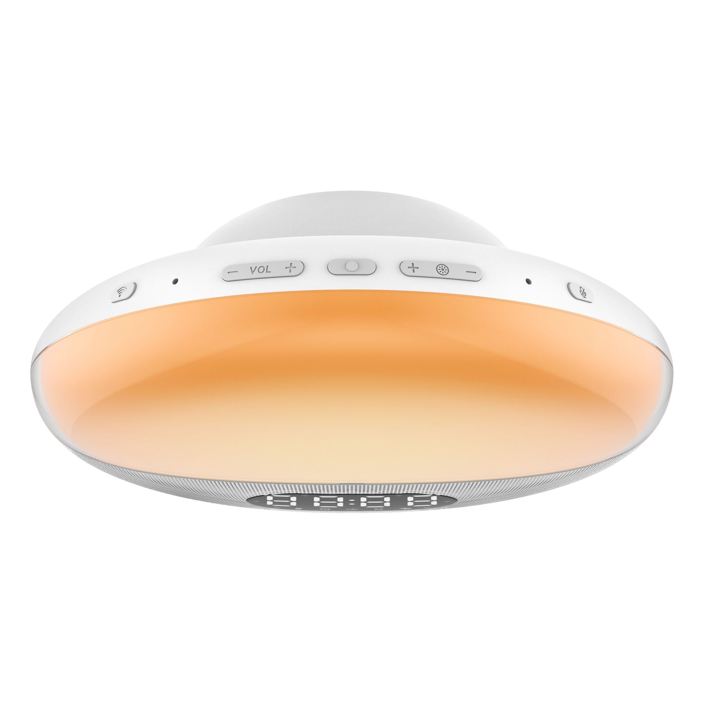 WiiM Vækkeur wake-up light, rund loftlampe med varm orange glød og knapper til lydstyrke og strøm på kanten.