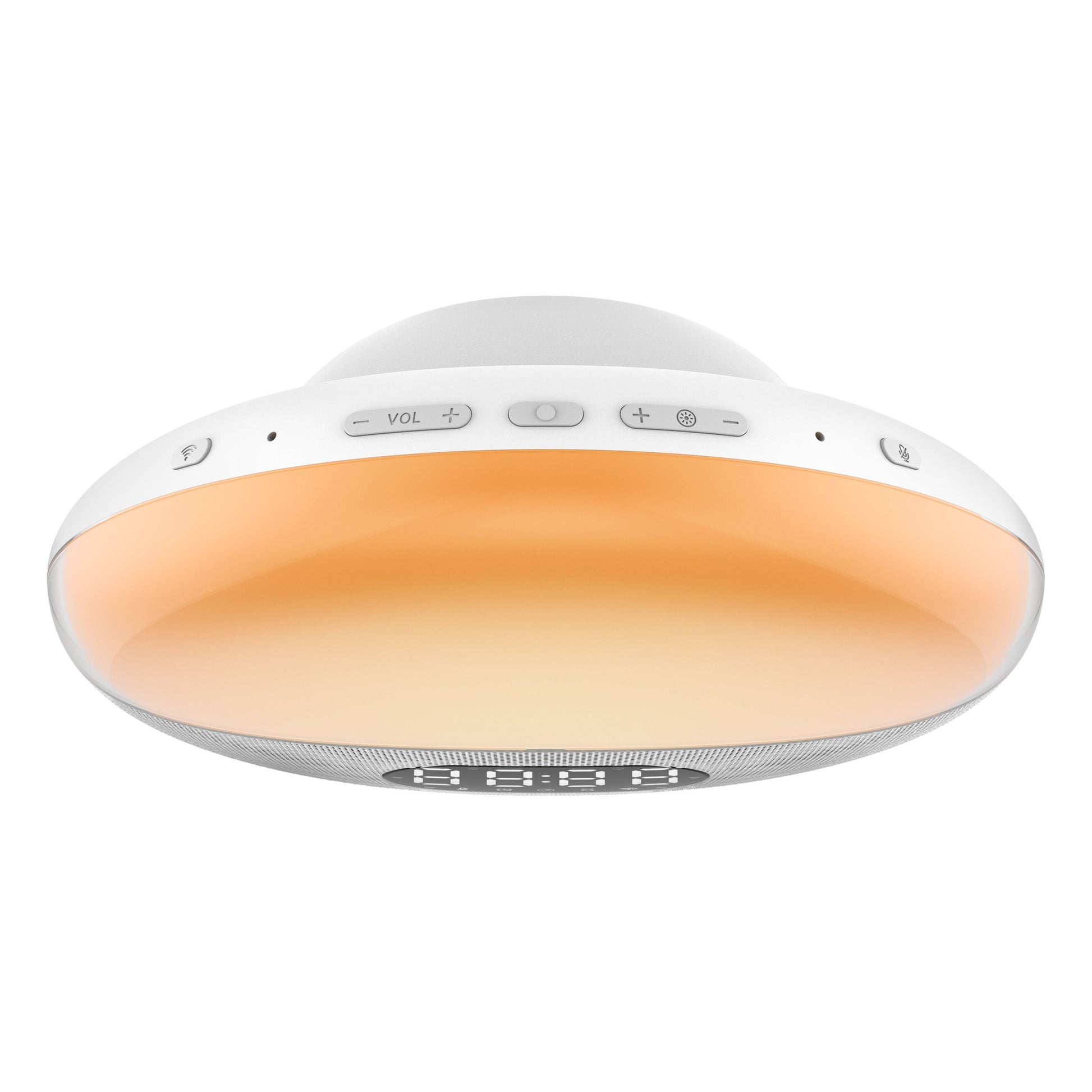 WiiM Vækkeur wake-up light, rund loftlampe med varm orange glød og knapper til lydstyrke og strøm på kanten.