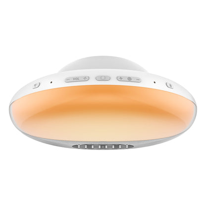 WiiM Vækkeur wake-up light, rund loftlampe med varm orange glød og knapper til lydstyrke og strøm på kanten.