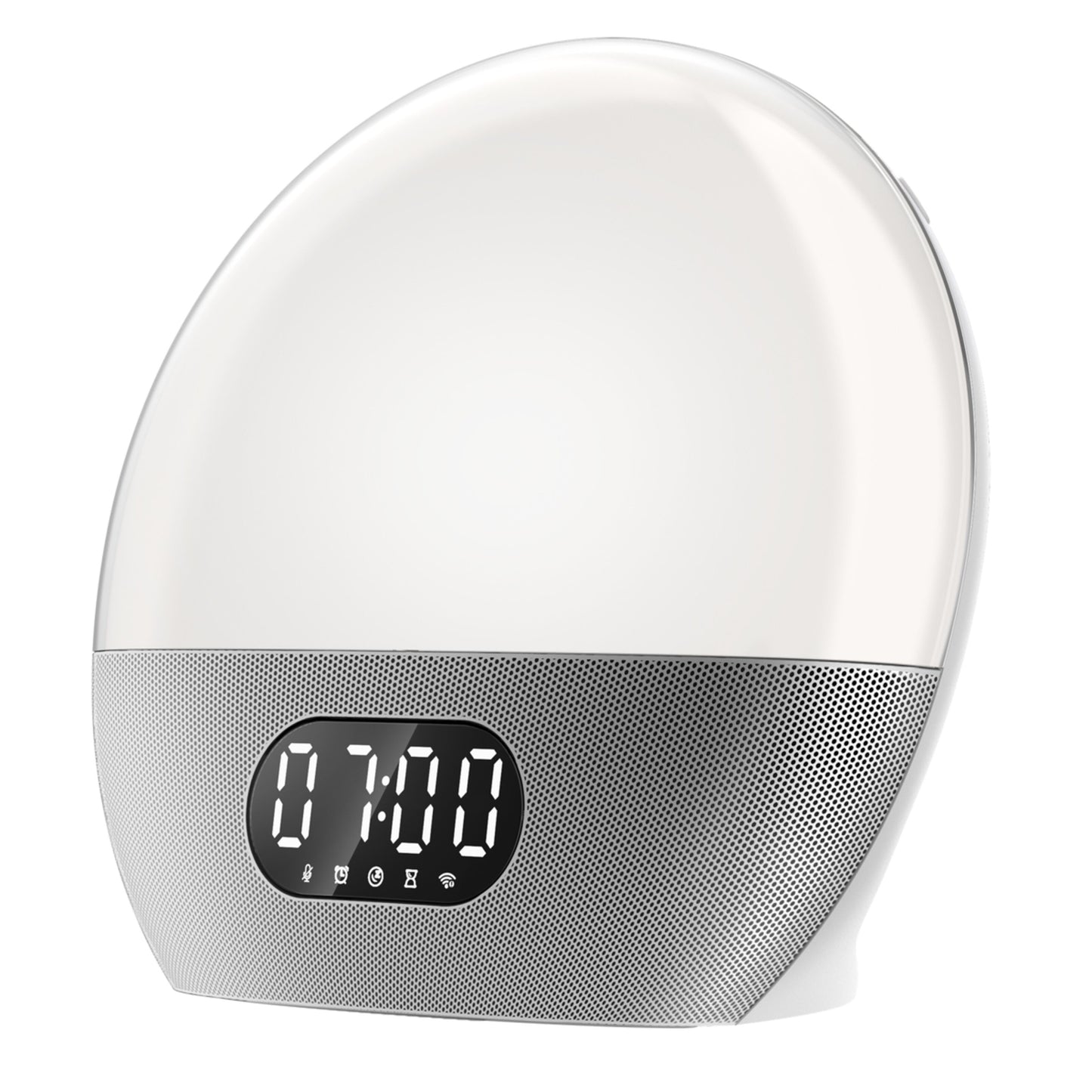 WiiM Vækkeur wake-up light med lysende kuppel, digitalt display kl. 7:00, små ikoner, højttalergrill nederst.